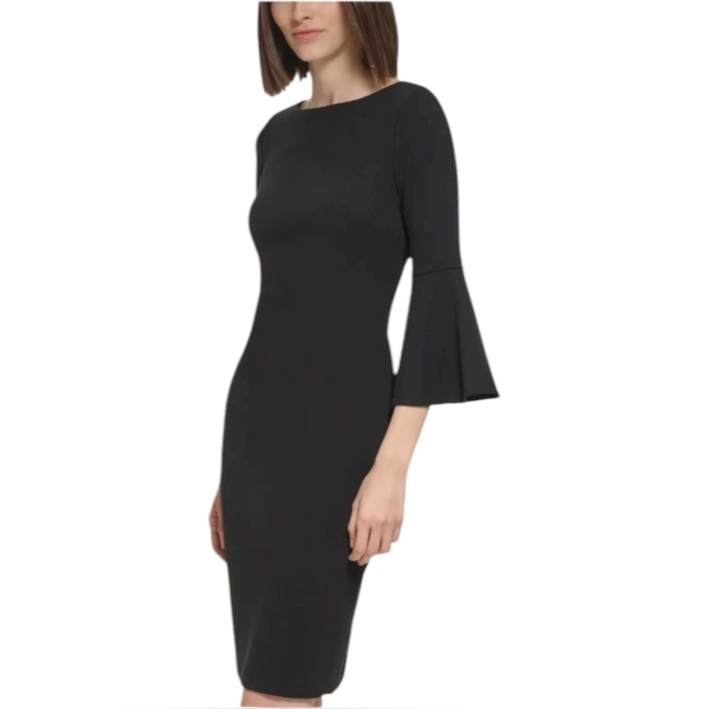 Calvin Klein Flattering Black scuba fabric double ruffle Sheath silhouette dress